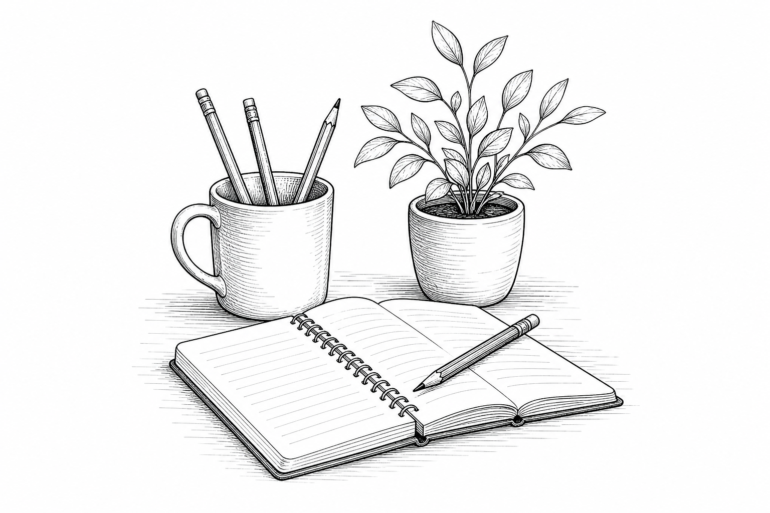 Mug with pencils, potted plant, notebook, and pencil on a seller workspace